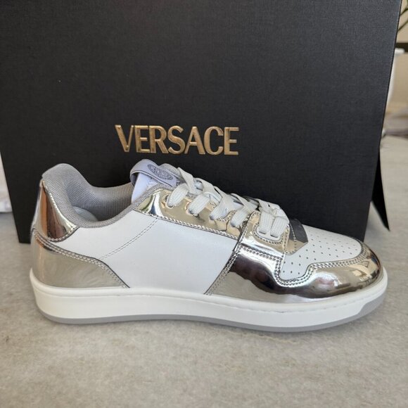 Versace Medusa White Leather Men's Sneaker Shoe, 1013377, Silver patent leather - Picture 2 of 13